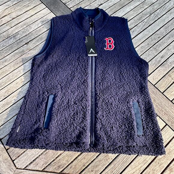 Antigua Womens Blue Boston Red Sox Sherpa Grace Full Zip Mock Neck Size 2XL Vest - Picture 1 of 11